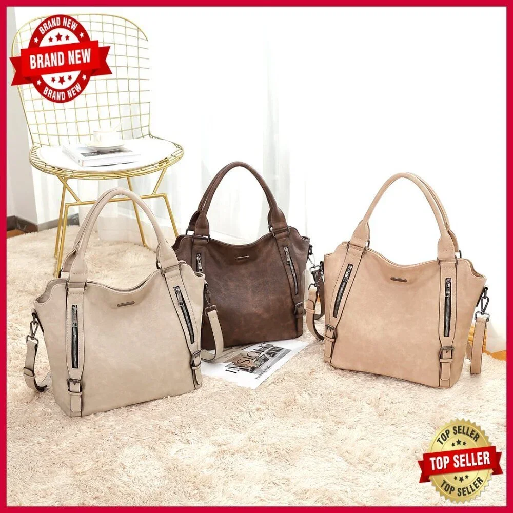 Large Vegan Leather Hobo Tote with Adjustable Strap, Multiple Pockets